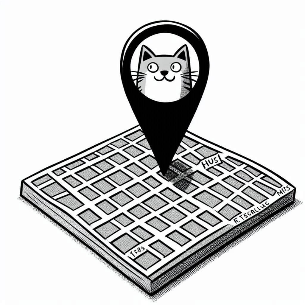 Okładka lekcji: mapa cyfrowa z markerem w postaci kociego pyszczka / Źródło: AI