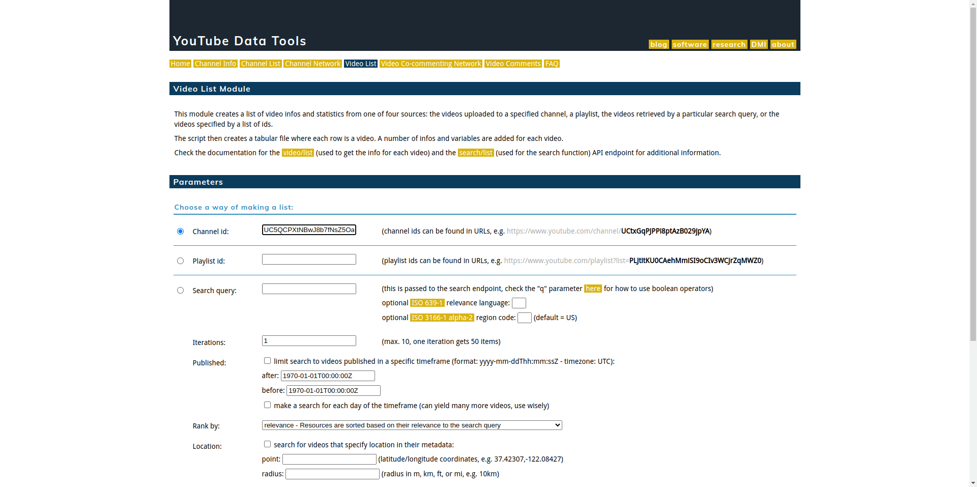 YouTube Data Tools / Źródło: ytdt.digitalmethods.net