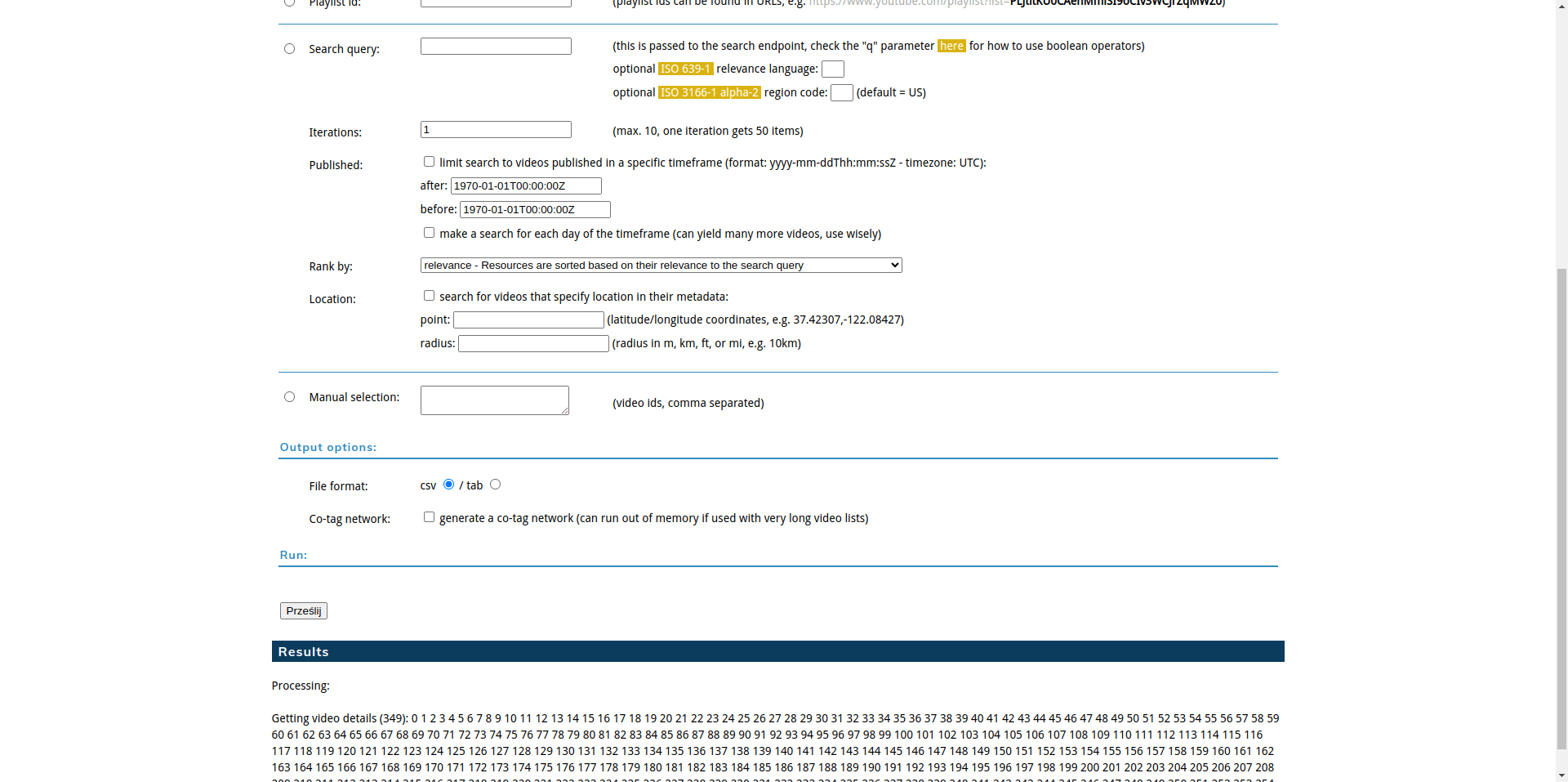YouTube Data Tools - pobieranie danych / Źródło: ytdt.digitalmethods.net