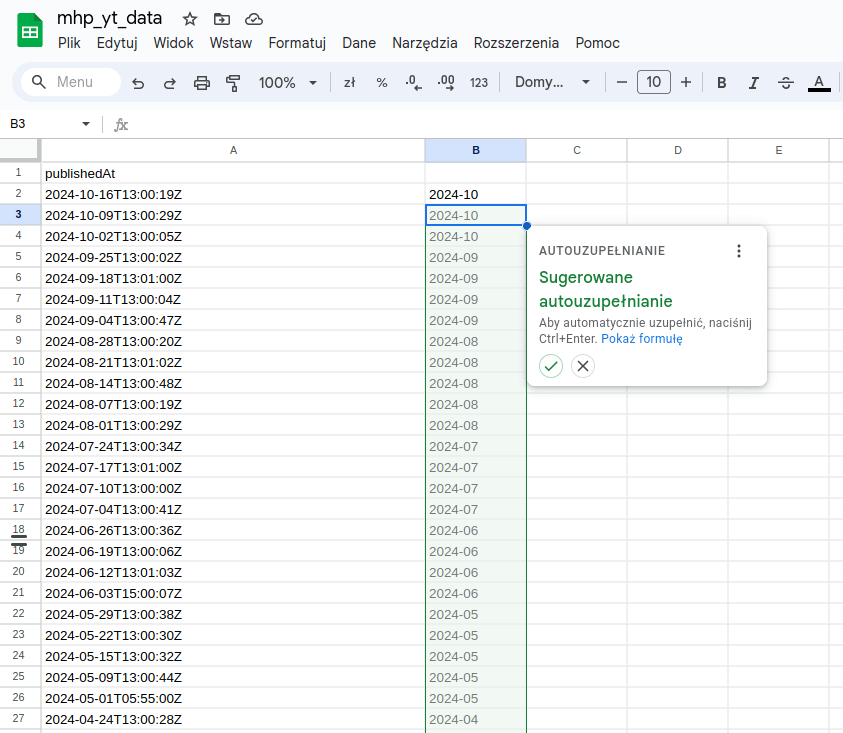 Wypisywanie funkcji / Źródło: docs.google.com/spreadsheets/